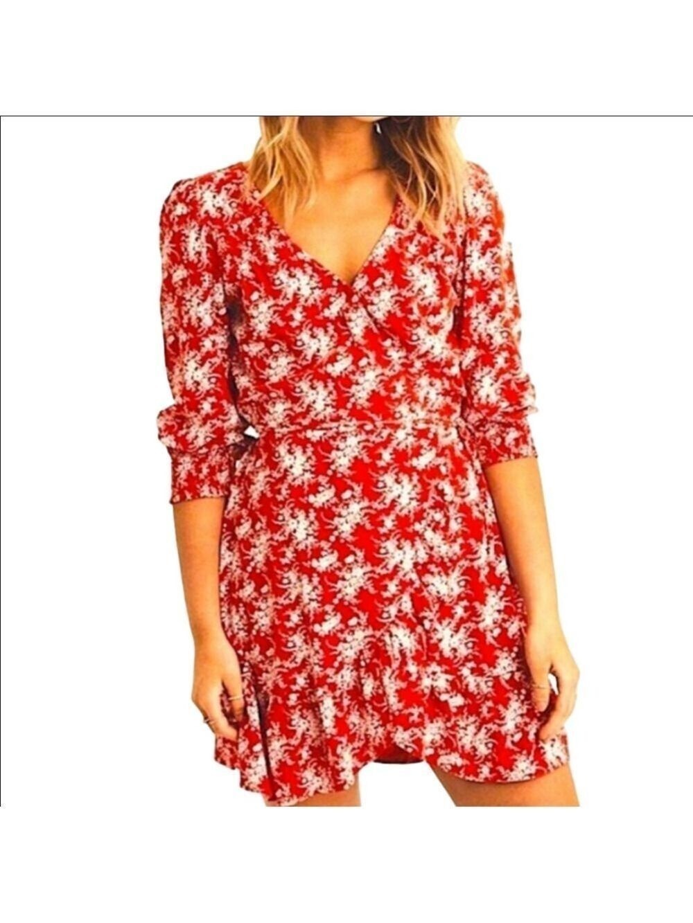 American Eagle Red Floral Wrap Dress SZ: S Mini Ruffles Cottagecore Babydoll